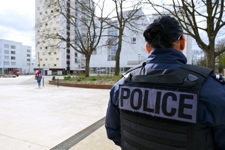 Un policier participe à une opération de sécurité dans le quartier du Blosne, au sud de Rennes, le 19 mars 2024 en Ille-et-Vilaine ( AFP / Damien MEYER )