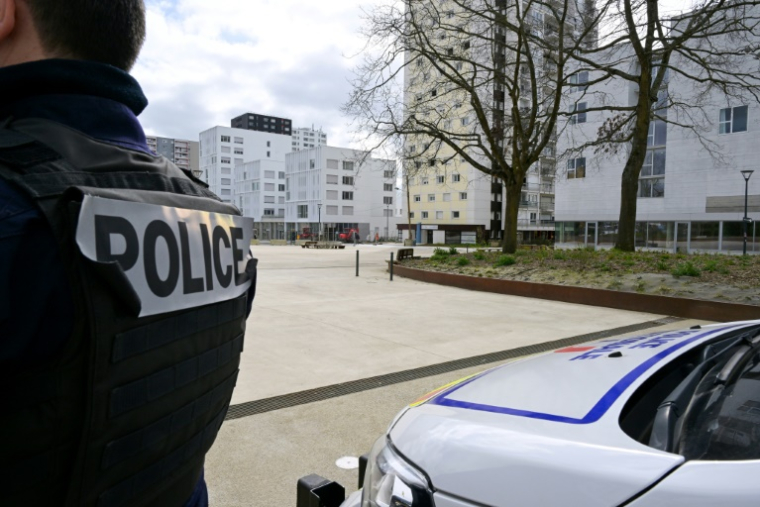 Un policier participe à une opération de sécurité dans le quartier du Blosne, au sud de Rennes, le 19 mars 2024 en Ille-et-Vilaine ( AFP / Damien MEYER )