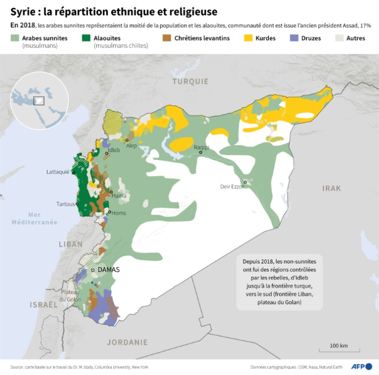 Carte de Syrie montrant la répartition confessionnelle et ethnique en Syrie en 2018, sur la base des travaux du Dr. M. Izady (Columbia University) ( AFP / Omar KAMAL )