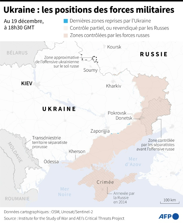 Carte des zones contrôlées par les forces ukrainiennes et russes en Ukraine au 19 décembre 2024 à 18h30 GMT ( AFP / Valentin RAKOVSKY )