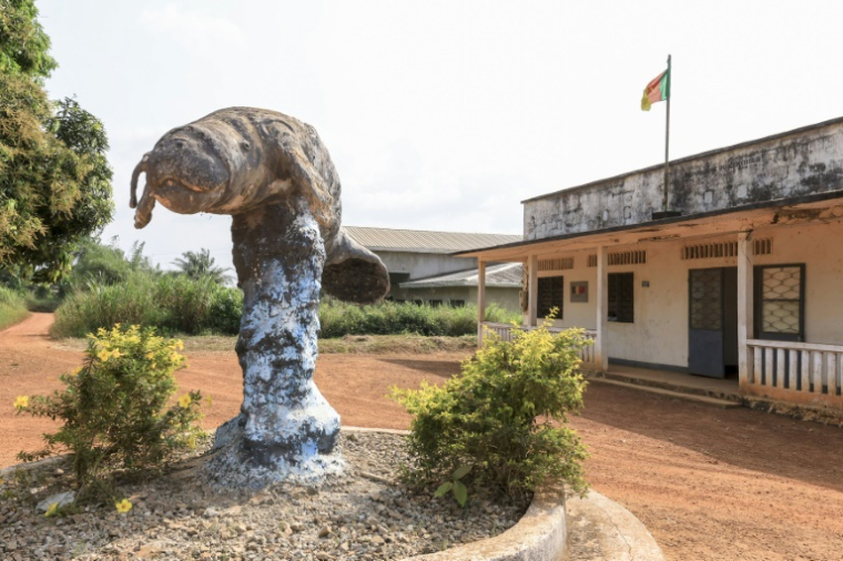 Une statue de lamentin au village de Dizangue, le 11 décembre 2024 au Cameroun ( AFP / Daniel Beloumou Olomo )