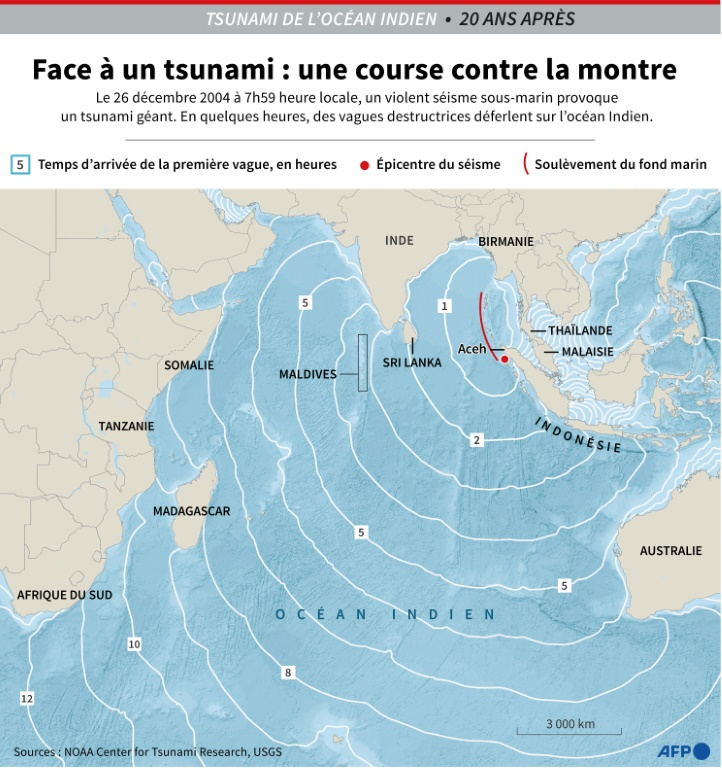 Le 26 décembre 2004 à 7h59 heure locale, un violent séisme sous-marin secoue l'océan Indien. Vingt minutes plus tard, des vagues de plus de 30 mètres de haut s'abattent sur les côtes de l'Indonésie, du Sri Lanka, de l'Inde, de la Thaïlande et de neuf autres pays de l'océan Indien ( AFP / Nicholas SHEARMAN )