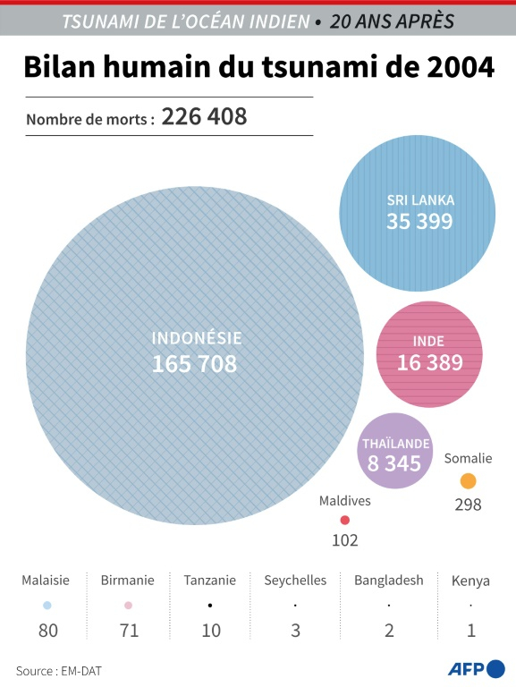 Pays les plus affectés par le tsunami de l'océan Indien de 2004, en nombre de morts ( AFP / Nicholas SHEARMAN )