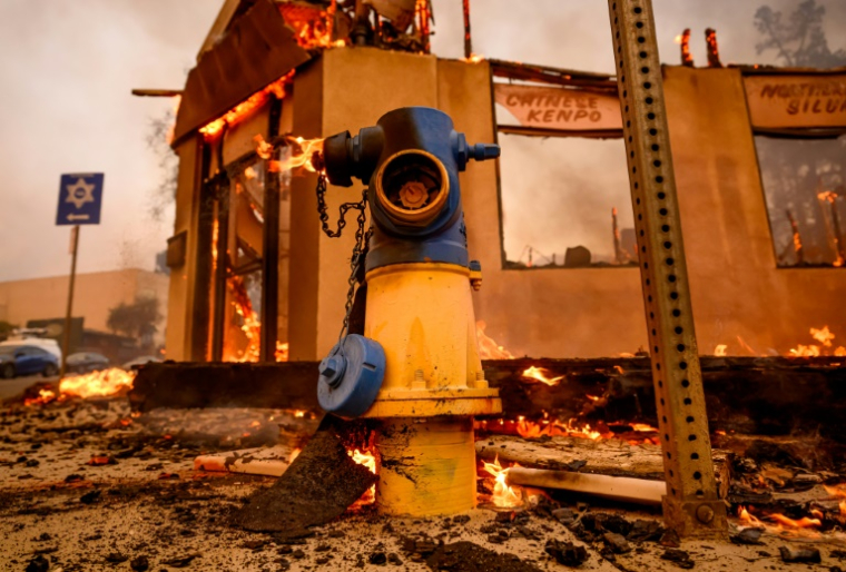 Une bouche incendie, au milieu des flammes à Altadena, en Californie, le 8 janvier 2025 ( AFP / JOSH EDELSON )