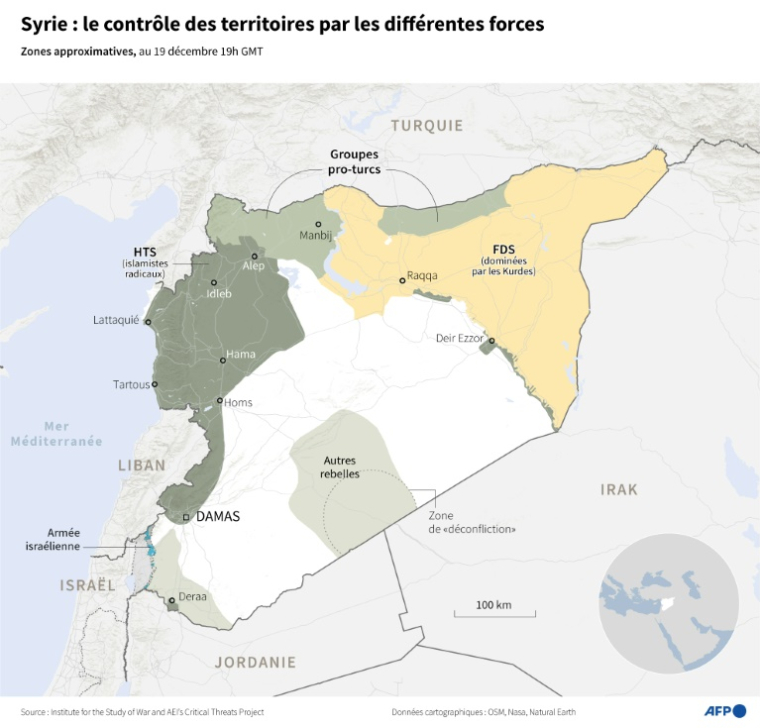 Carte de Syrie montrant les zones de contrôle des différentes forces en présence depuis la chute d'Assad, d'après les dernières données de l'ISW ( AFP / Sylvie HUSSON )