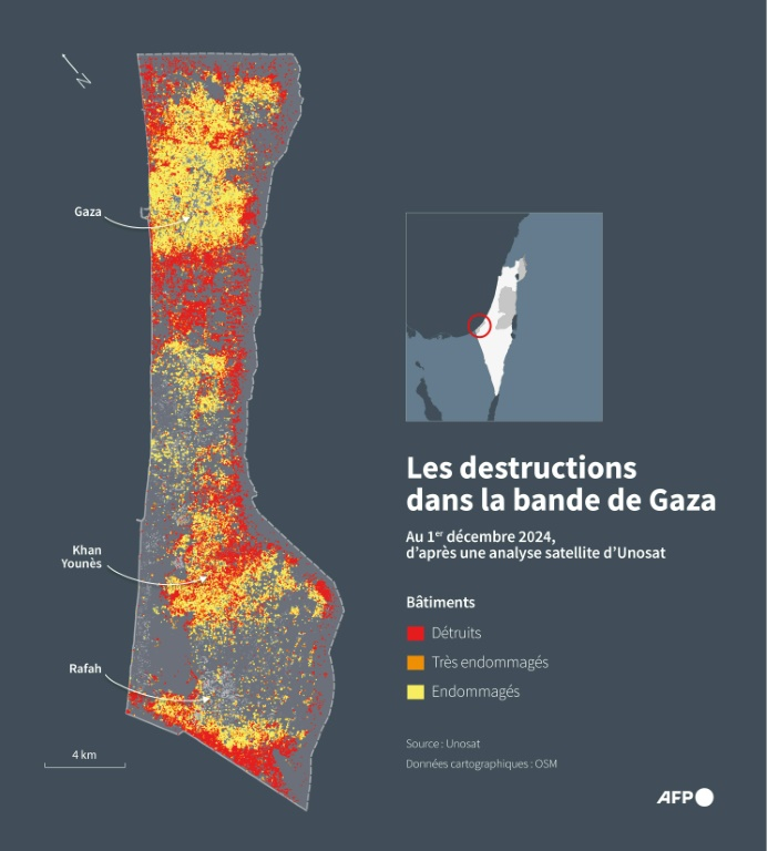 Carte de la bande de Gaza faisant apparaître les bâtiments détruits ou endommagés au 1er décembre 2024, d'après une analyse d'Unosat ( AFP / Nalini LEPETIT-CHELLA )